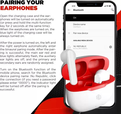Nu Republic Rush X5 Bluetooth Headset (White, Red, True Wireless) Nu Republic Rush X5 Bluetooth Headset (White, Red, True Wireless)
